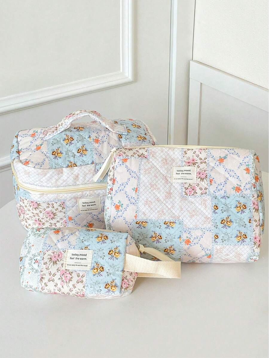 1 Pieza/Set Organizador de cosméticos multifuncional de gran capacidad con estampado floral y de cuadros, bolso de mano con cremallera para almacenar lápices labiales, brochas, productos de cuidado de la piel, artículos de viaje esenciales, bolsa de maquillaje, organizador de maquillaje, regalo para mujeres en vacaciones, invierno, San Valentín, vuelta al colegio