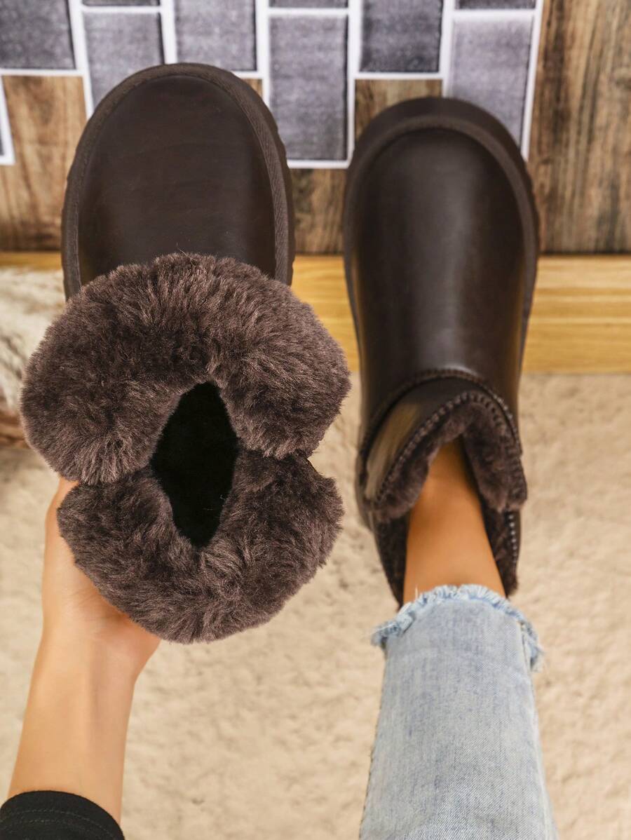 Women's PU Leather & Cotton Lining Mid-Calf Snow Boots With Thick Polyurethane Sole, Warm For Autumn/Winter