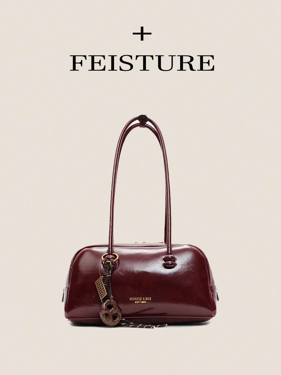 1 pieza Bolsa de bolos de mujer de piel artificial de color burdeos FEISTURE, bolso de hombro y axila de moda