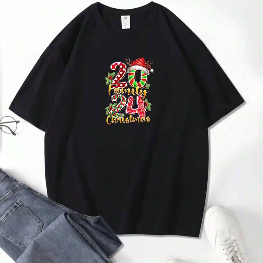 2024 Family Christmas Printed T-Shirts Men's And Women's Round Neck Cotton Short Sleeve Sports T-Shirts Suitable For All Seasons