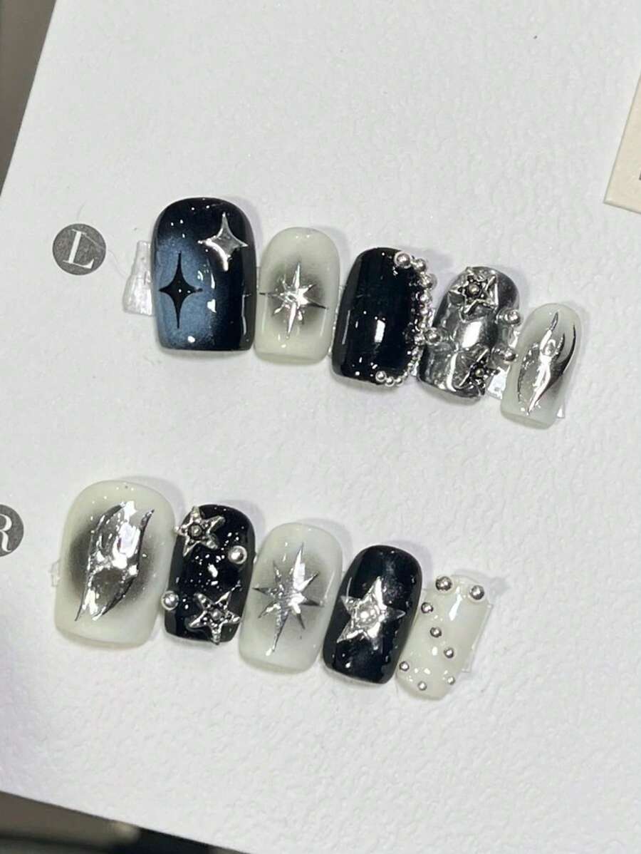 10pcs Handmade Y2K Style Short Star Cheek Makeup, Black Tie Dye Metal Star Beads, Cool Punk Nail Press On Nails