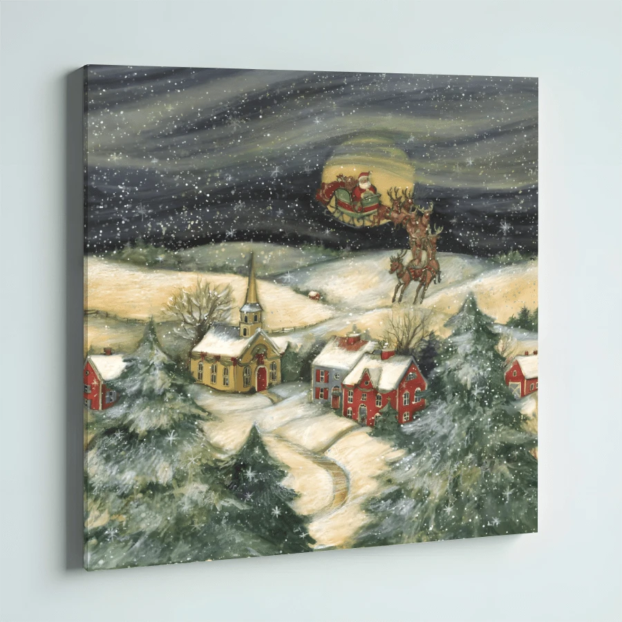 1pc Framed Canvas Poster, Santa Flying Over Town Wall Art Canvas Paintings, Ideal Gift For Bedroom Living Room Corridor, Wall Art, Wall Decor, Winter Decor, Room Decoration
