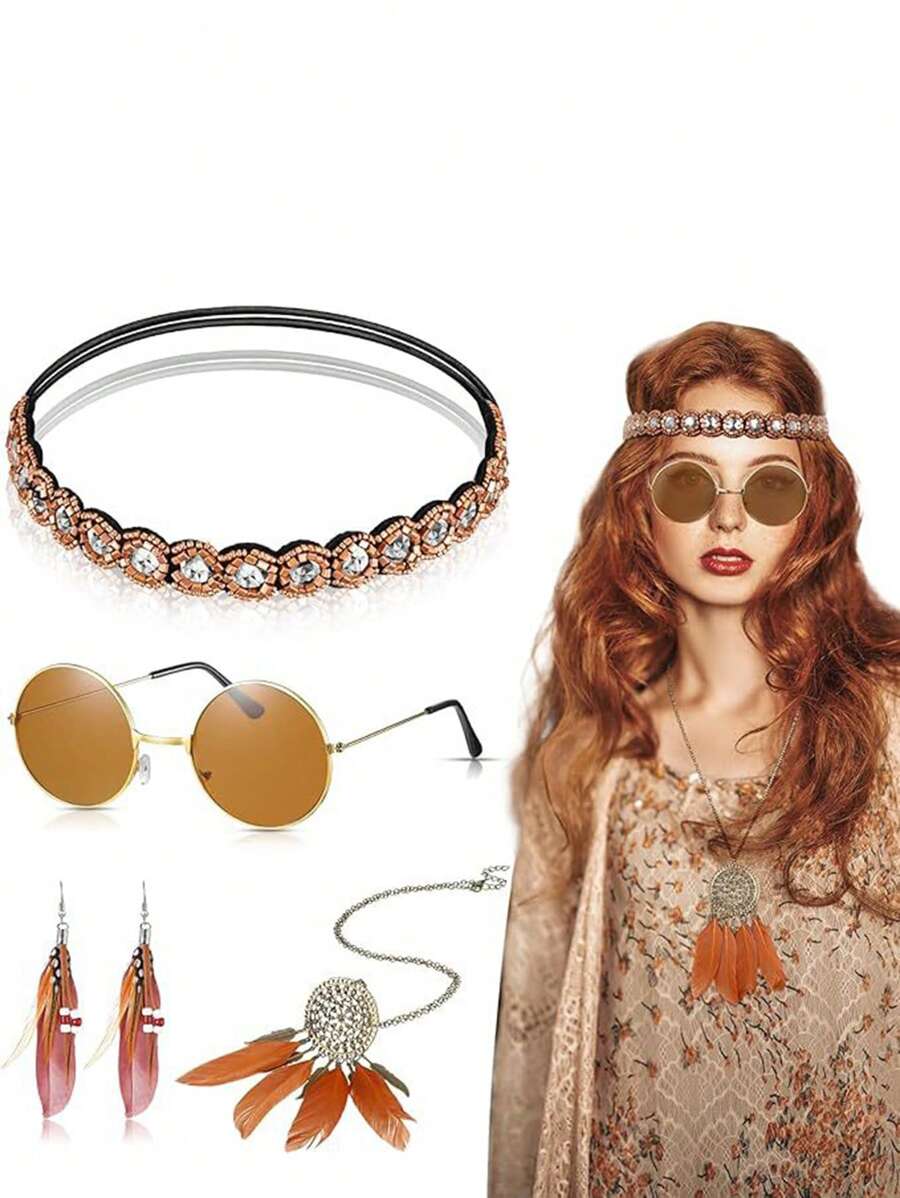 4PCS Vintage 60's Hippie Handmade Beaded Headband + Brown Glasses + Tassel Feather Earrings + Feather Necklace Holiday Party 4-Piece Costume Set, Boho Style Women's Cosplay Costume Accessories Masquerade Dress Set Small Gift. Halloween
