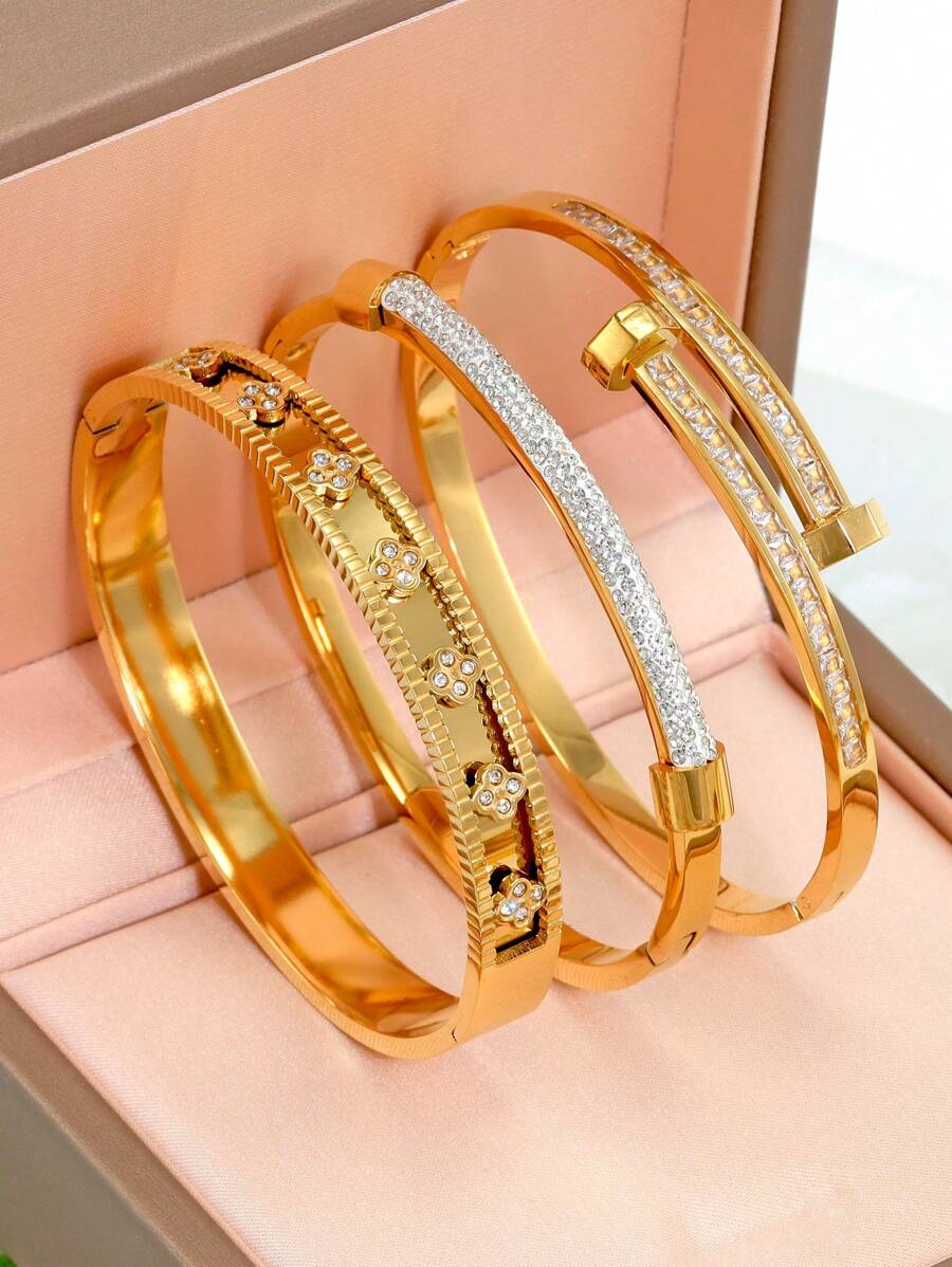 Set de 3 piezas de pulseras chapadas en oro de 18K de acero inoxidable, aptas para uso diario de mujeres, con diseño de flor y uña con circonita cúbica brillante, de estilo popular europeo y americano, para uso casual, fiestas, días festivos, cumpleaños, novia, San Valentín, regalo de joyería de muñeca para mujeres
