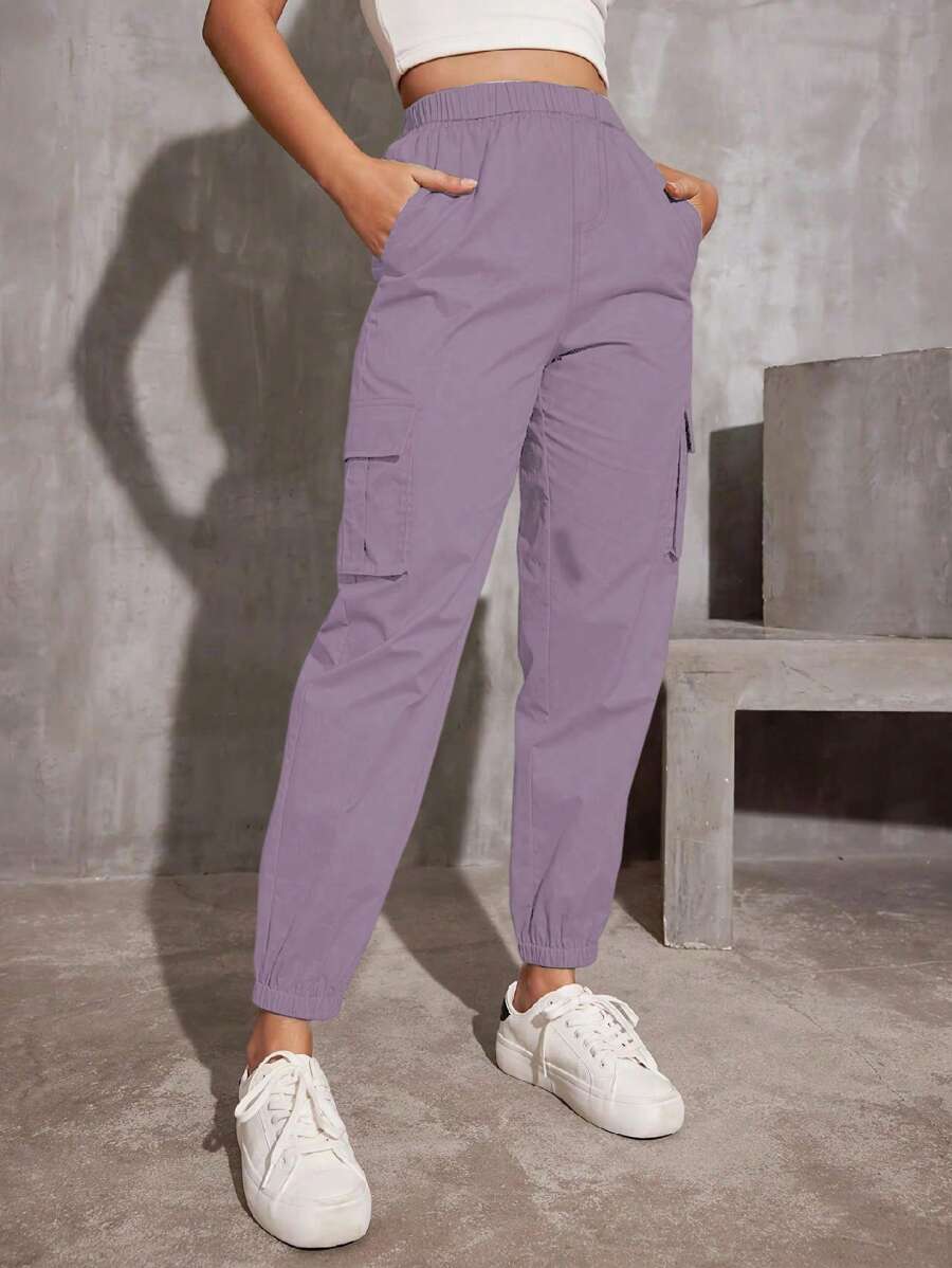 1 pieza Pantalones de carga con cordón en la cintura, bolsillos, pierna recta, estilo casual para niñas y adolescentes, adecuados para ejercicio al aire libre, primavera/otoño