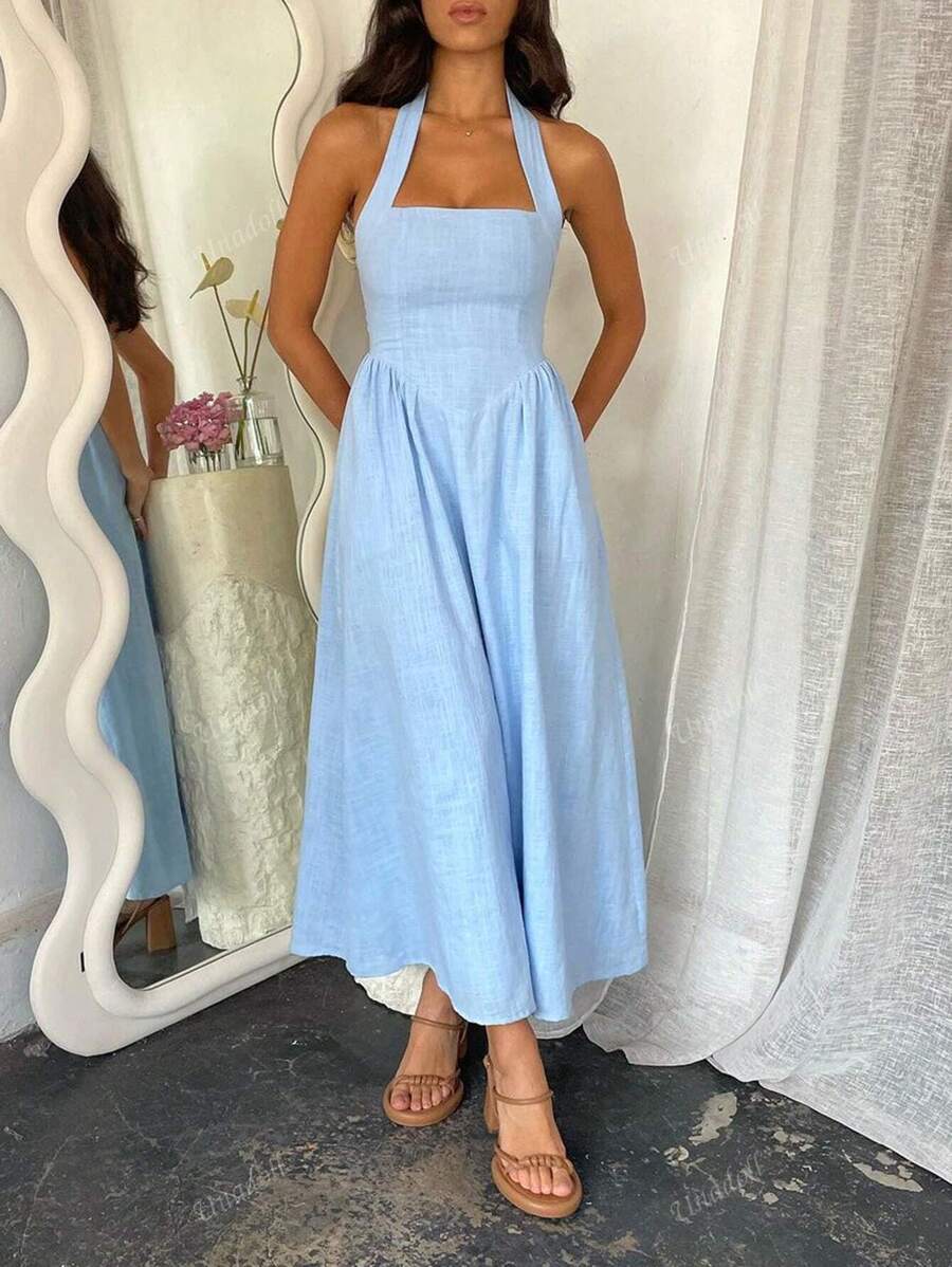 Unadell Women's Hanging Neck, Backless Zipper, Pleated Casual Elegant Dress, Suitable For Beach Vacations, Dates, Music Festivals Back To School