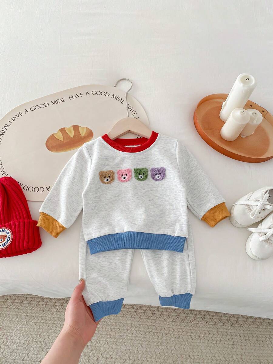 2 pièces/Set Bébé et Tout-petit Décontracté Extérieur Sweat-shirt à capuche en patchwork ours mignon brodé coloré, manches longues, Automne/Printemps