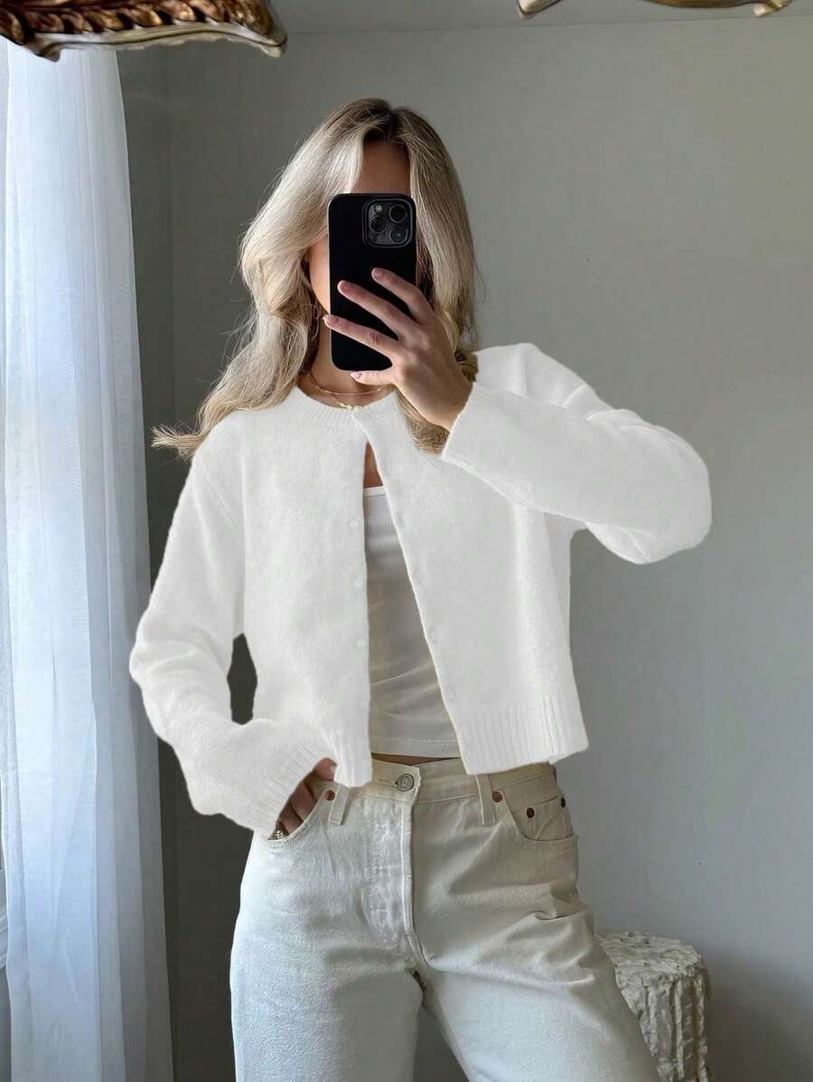Women Simple Solid Color Crew Neck Button Front Long Sleeve Knitted Cardigan