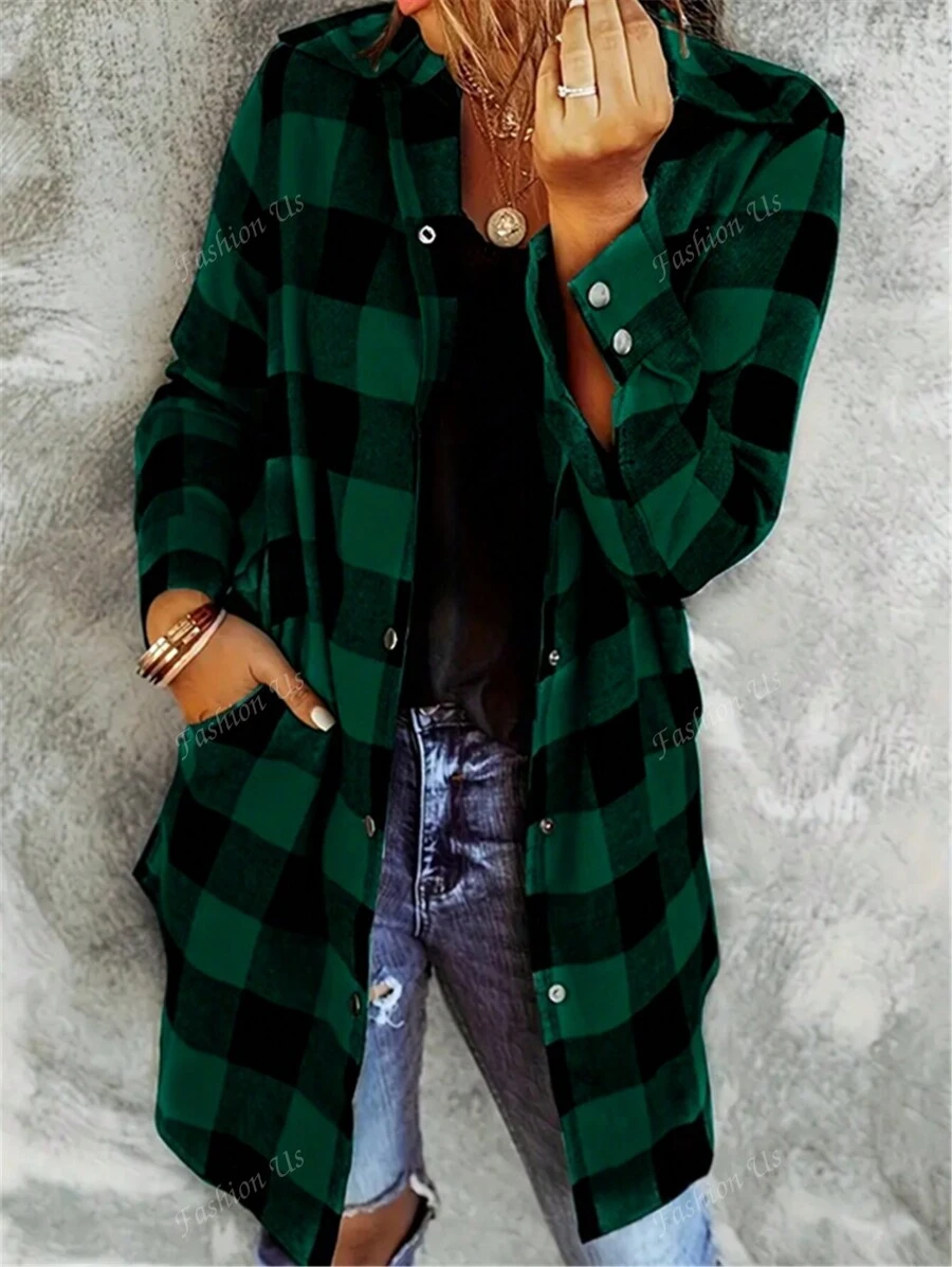 Plus Size Women's Plaid Button Pocket Long Sleeve Casual Shirt