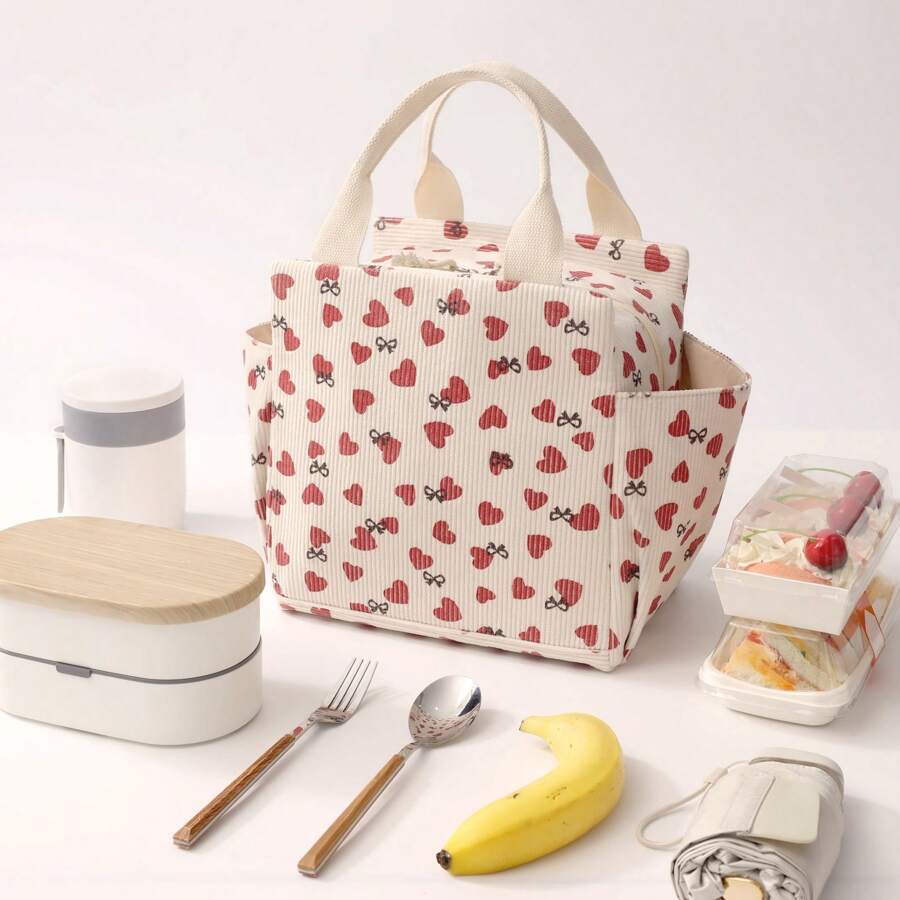 Baglemon Cute Love Printing Design Corduroy Insulated Lunch Bag With Large Capacity Bilateral Bag With Zipper, Bags For Ladies