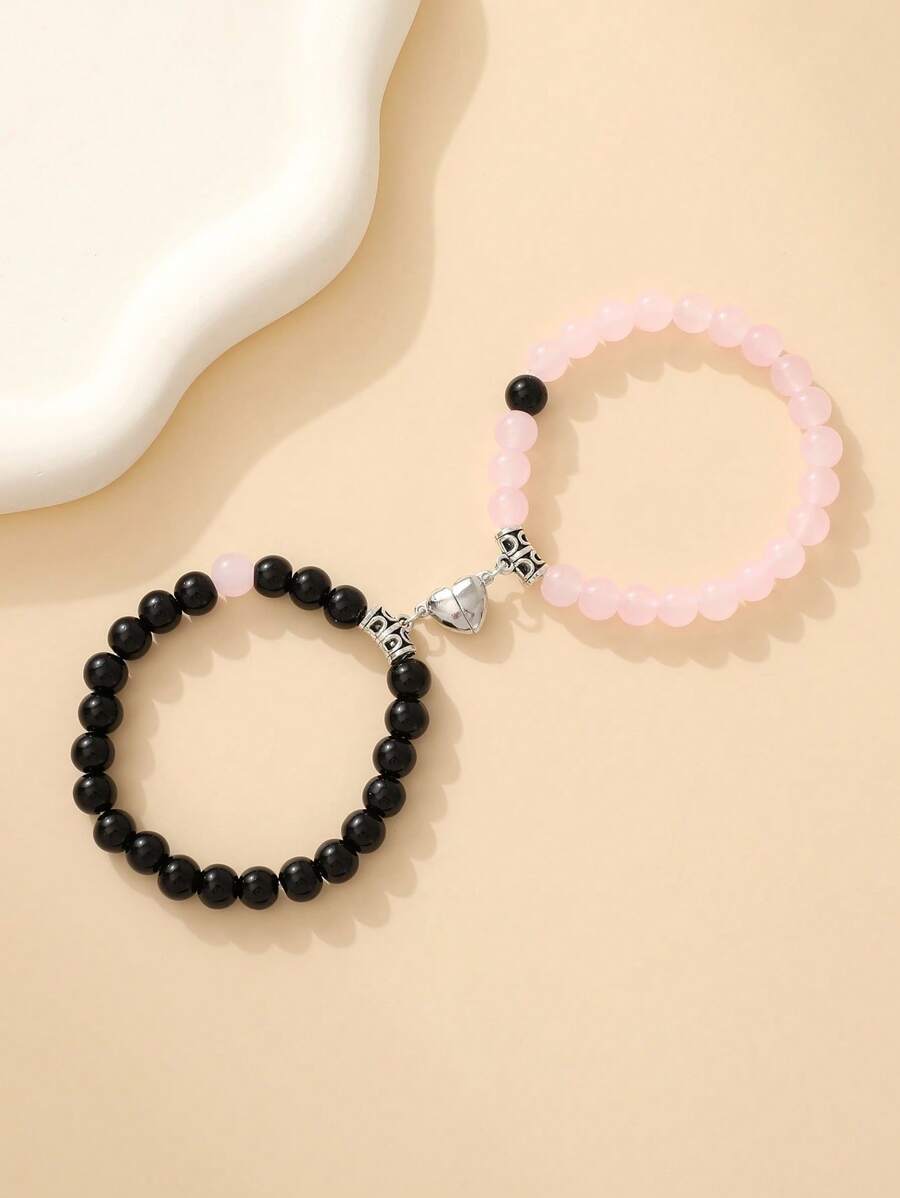 2 pièces Bracelet extensible simple et créatif avec perles en quartz rose mat, fermoir magnétique en forme de cœur. Pour hommes et femmes