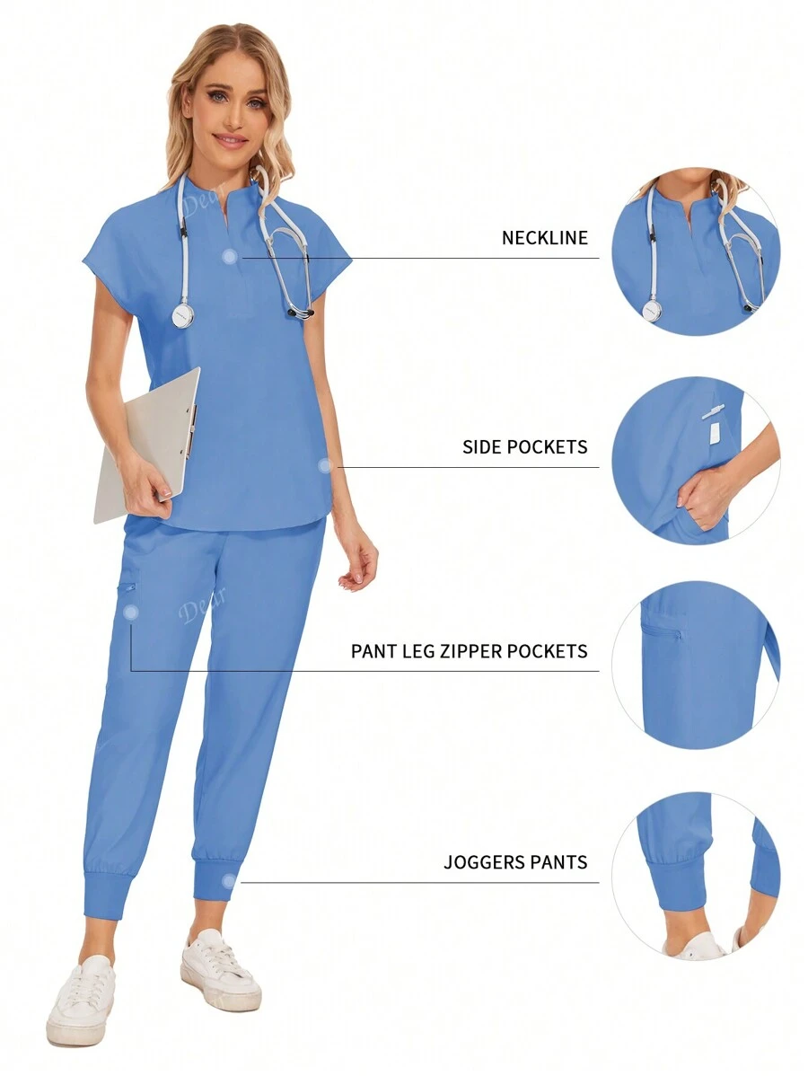 Conjunto uniforme hospitalario y dental de moda al por mayor con bata quirúrgica de unicolor, bolsillo, cuello en V, conjunto de uniformes de pantalones tipo jogger para mujeres