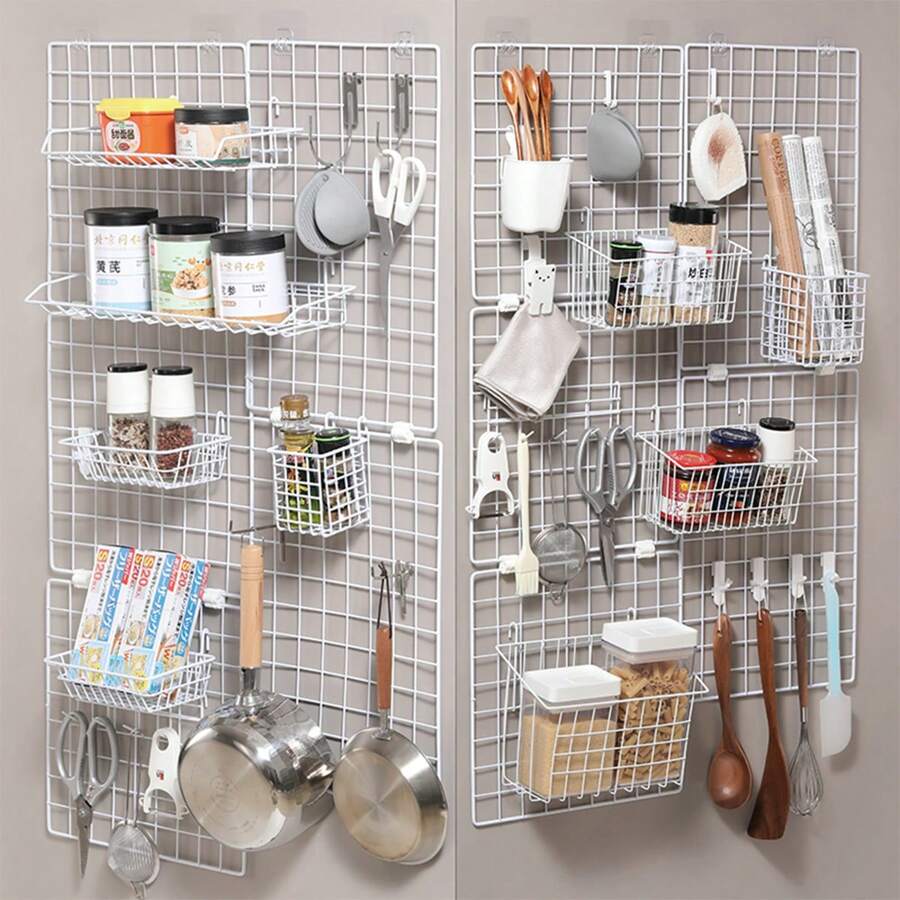 1pc Wall-Mounted Wire Grid Panel Organizer Hanging Display And Wall Storage Organizer Multiple-Purpose Storage Mesh Shelf Rack Holder Organizer Wire Notice Board Hanging Home Office & Kitchen Decor Photo Board Room Decor