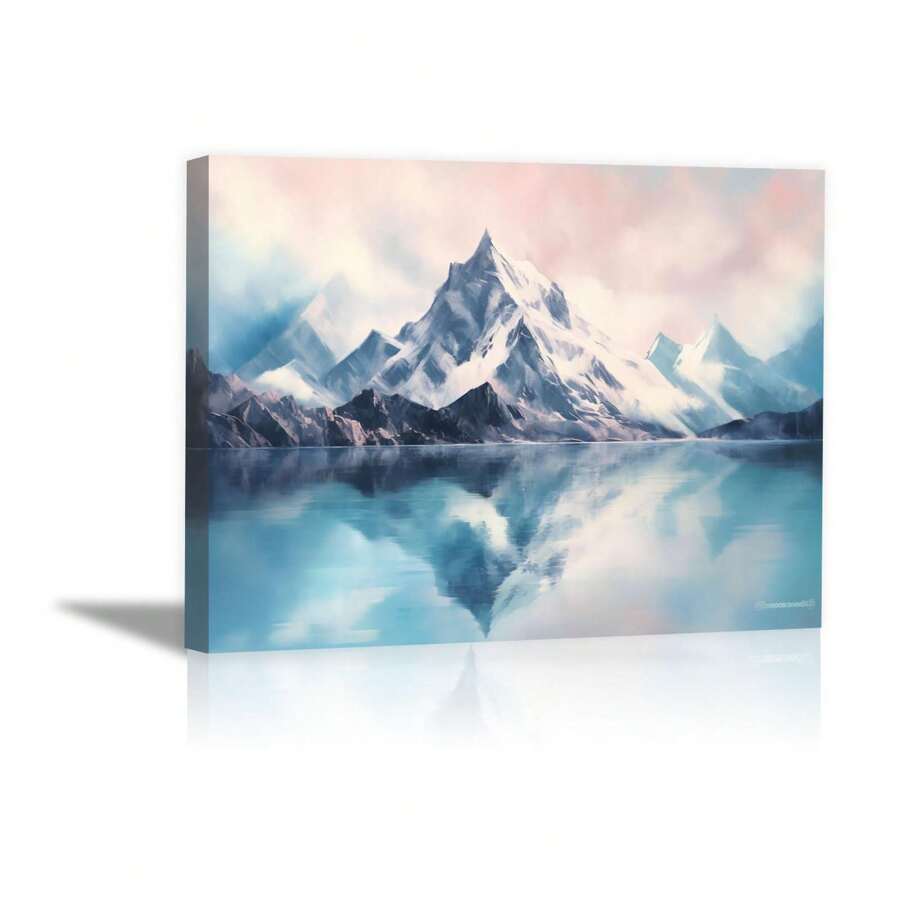 Winter Lake Canvas Wall Art, Mountain Snow Scene Art, Mountain Scenery Art, Snow Mountain Scenery Art, Modern Simple Canvas Wall Art For Living Room, Bathroom, Bedroom, Office, Hallway Home Wall Decoration Frame