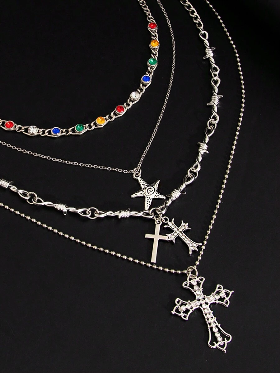 4pcs Vintage Punk Gorgeous Multi-Color Rhinestone Cross Necklace Set, Party & Festival Accessory For Men