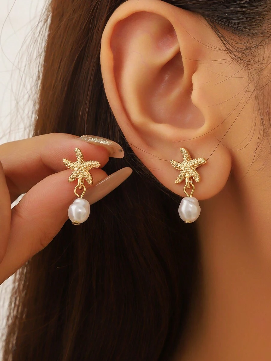 Minimalistische zeester en neppe parel strand stijl kwast metalen oorbellen, geschikt voor dames strand reizen vakantie kleding