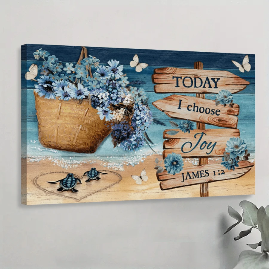 1pc Framed Canvas Poster, Beach Scene With Signposts, Basket Of Flowers, And The Words "TODAY I Choose JOY" Wall Art Canvas Paintings, Ideal Gift For Bedroom Living Room Corridor, Wall Art, Room Decoration
