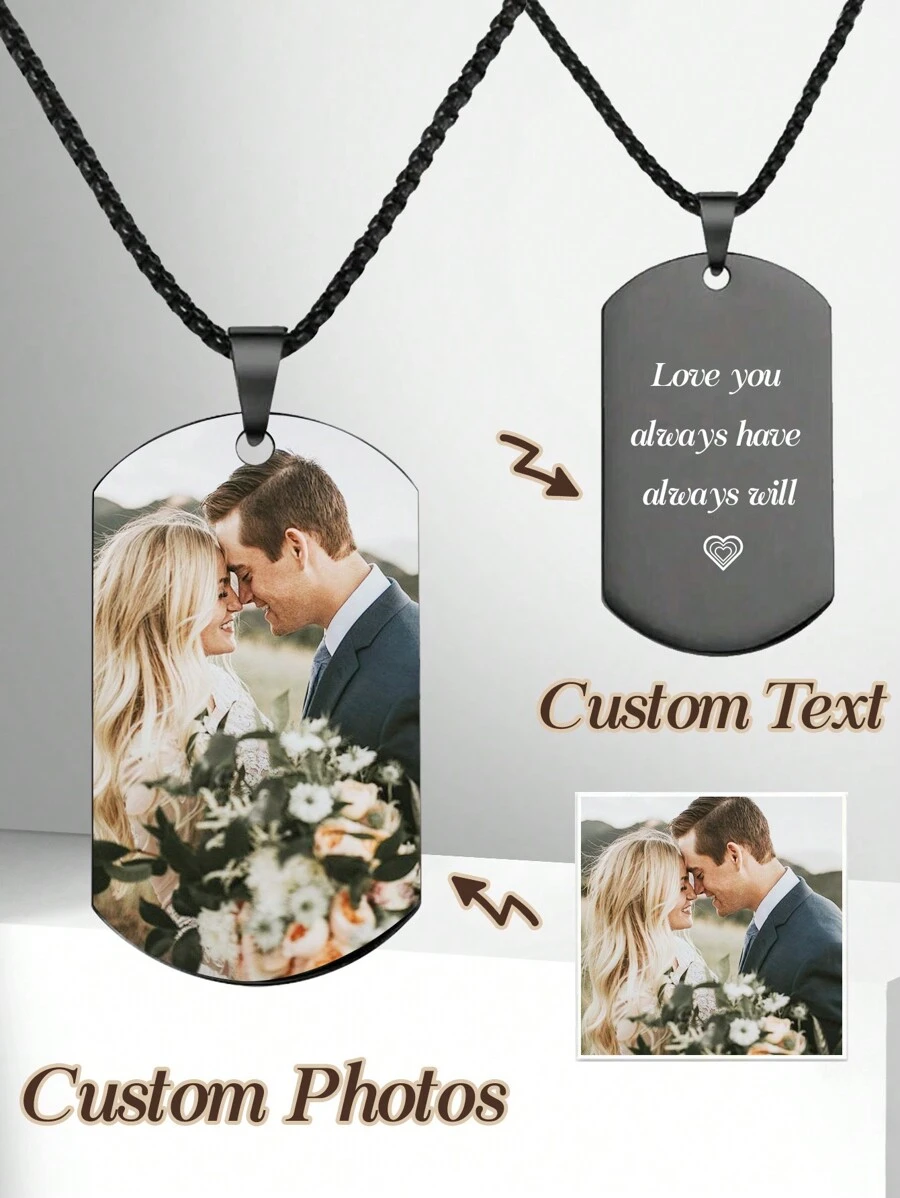 1 pieza Collar personalizado con colgante de foto con texto grabado por láser. Joyería para hombre, regalo de moda negra, estilo casual, minimalista, unisex, ideal como regalo personalizado para ella, novia, mamá, familia, amigos, hija, abuelos para aniversarios, cumpleaños, uso diario, baile de graduación, Día de la Madre, Día de San Valentín, graduación, bodas
