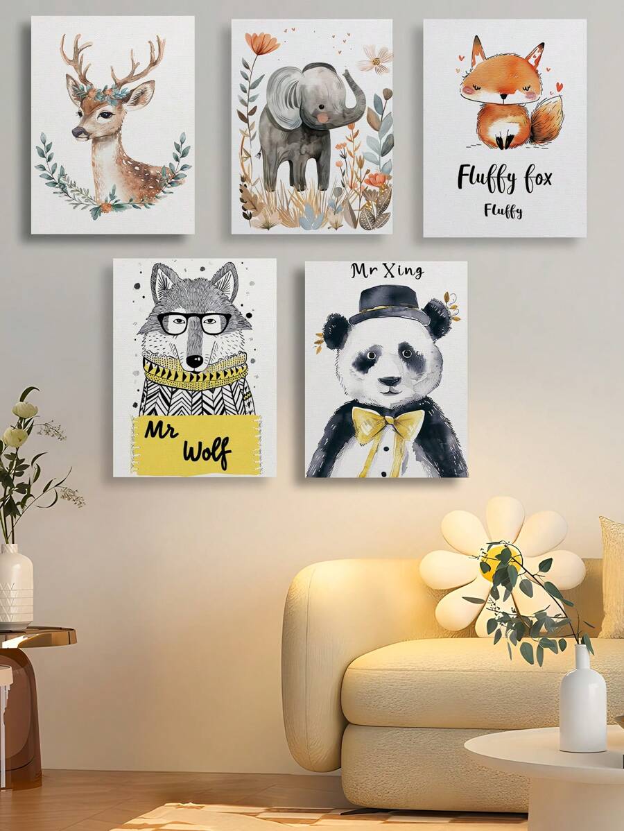 1pc Animal Print Canvas Poster Deer - Elephant - Fox - Wolf - Panda With Hat Wall Art Unframed Canvas Painting - Bedroom, Home Office, Kitchen, Bathroom - Indoor/Outdoor Hanging Art Gifts Birthday Graduation