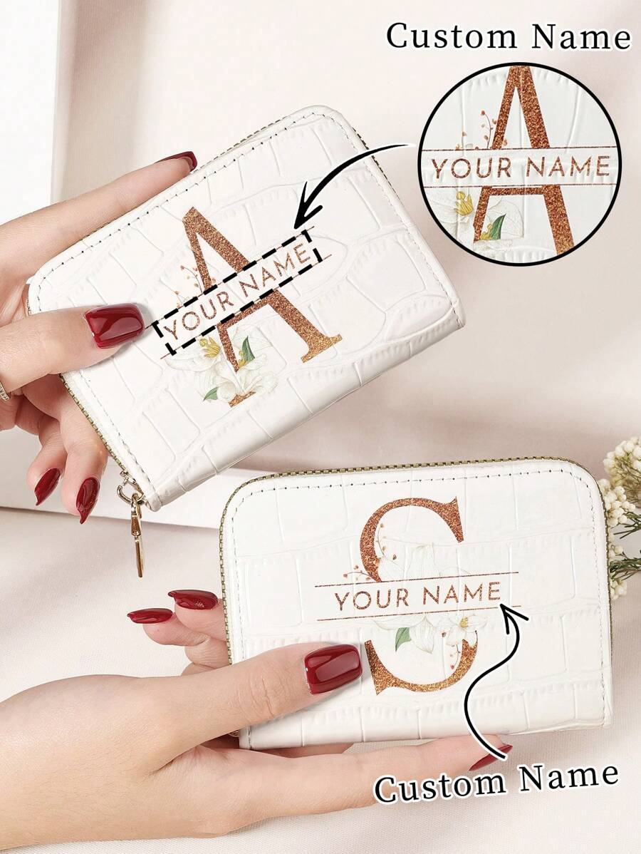 Personalized Name Signature Crocodile Pattern Letter Flower Design Multi-Card Wallet Purse As Valentine's Day Mother's Day Birthday Gift, Purses And Bags Women