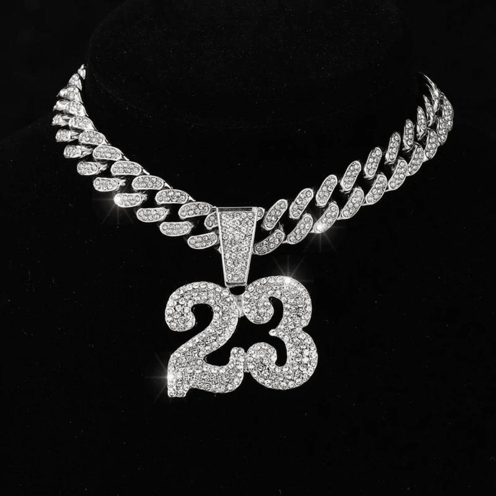 2pcs Iced Out Number 23 Pendant Necklace - 13mm Cuban Link Chain With AAA+ Rhinestones, Hip Hop Bling Jewelry For Men And Women