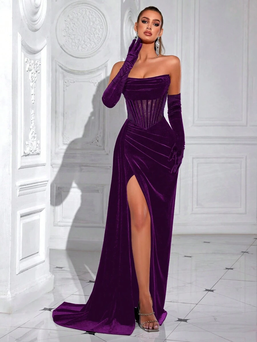 ADYCE Vestido formal de noche con parte delantera dividida, sin tirantes, con lazo en la cintura y espalda descubierta. Vestido elegante para graduación, cena formal, invitada de boda (no incluye guantes)