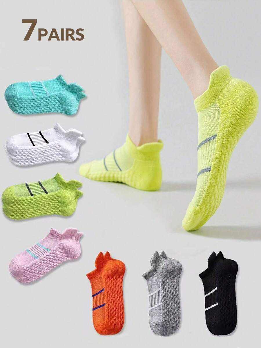 7 pares de meias esportivas femininas, meias curtas com padrão listrado decotado, meias de corrida com amortecimento respirável e absorvente de choque, para academia