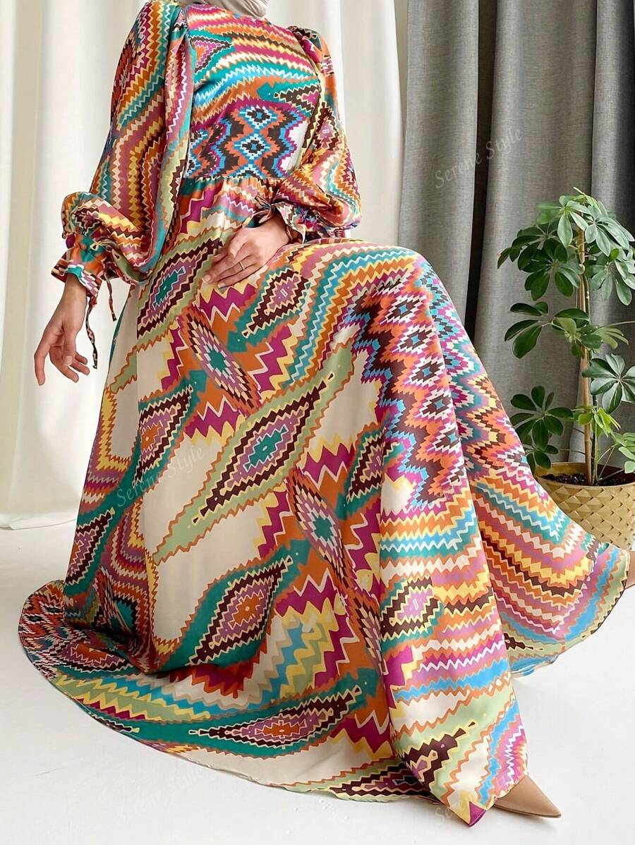 All-Over Print Long Modest Dress, Vacation Lantern Sleeve Round Neck Colorful Waistline