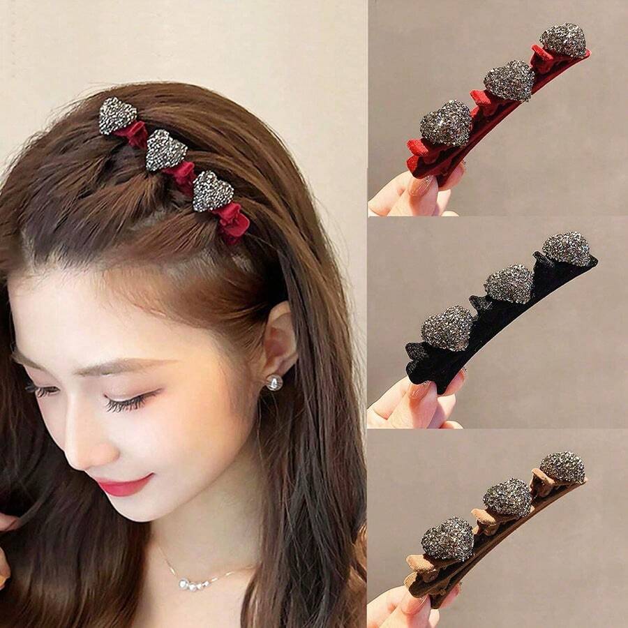 3 pièces Pinces à cheveux avec cœurs en strass, épingles à cheveux pour frange latérale, accessoires de cheveux doux pour filles, couleurs rouge, noir, café, décorations mode, pinces à cheveux pour femmes