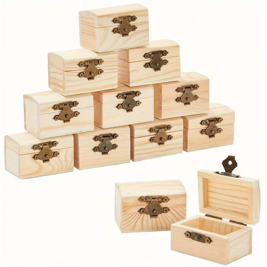 Pequeñas cajas de madera con tapa con bisagras, cierre frontal, caja de joyería vintage de sobremesa, accesorios hechos a mano, caja de almacenamiento con cerradura, caja de joyería sin pintar (cuadrada), accesorios para anillos, caja del tesoro pintable para manualidades, fiestas de cumpleaños y regreso a la escuela