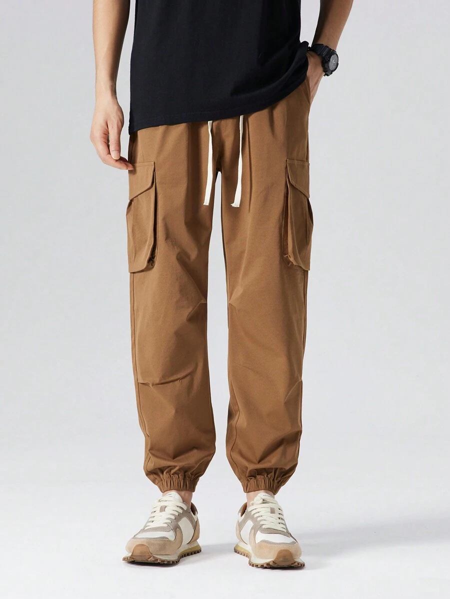 Men's Drawstring Cargo Pants, Multi-Pocket Casual Work Trousers, American Style Straight Leg Streetwear