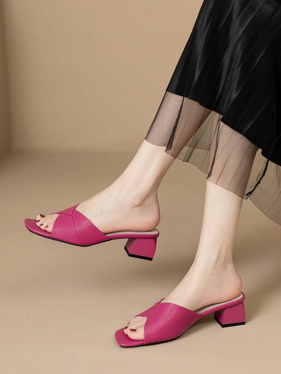 Women's Square Toe Chunky Heels Sandals, Fashion Pink High Heel Sandals For Summer