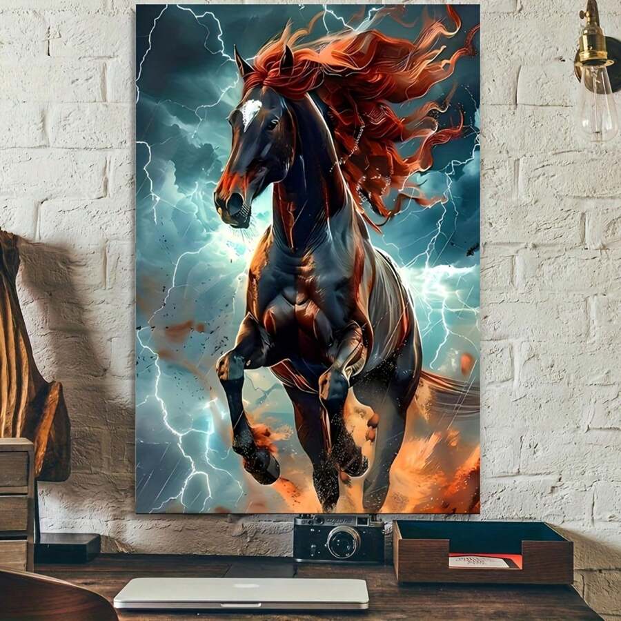1pc Wooden Framed Canvas Painting Thunderbolt Galloping Horse Canvas ArtReady To Hang, For Living Room & Bedroom Decoration, Festival Gift