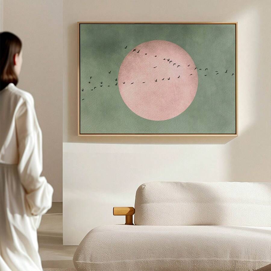 1PC, Canvas Hanging Poster, Solid Wood 30*40 Framed Painting, Light Blue Japandi Canvas Wall Art Print, Flying Bird Frame Art, Minimalist Landscape Artwork, Large Living Room Decor, Pink Moon Decor