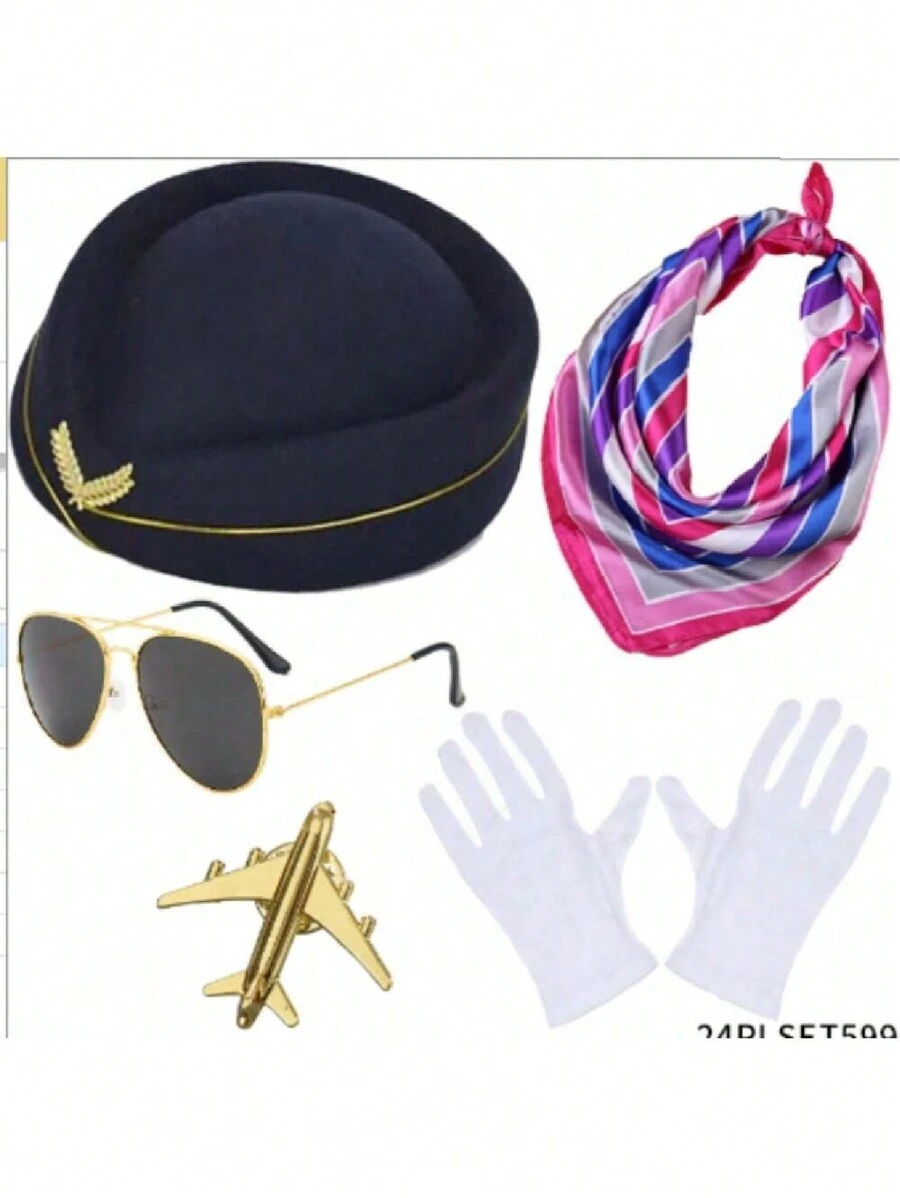 Conjunto de 5 piezas de disfraz de azafata de carnaval: Sombrero con gafas de sol + Guantes/Broche, apropiado para fiesta de disfraces, fiesta temática, disfraz de vacaciones, accesorios del uniforme de azafata, disfraz de carnaval para mujer, carnaval
