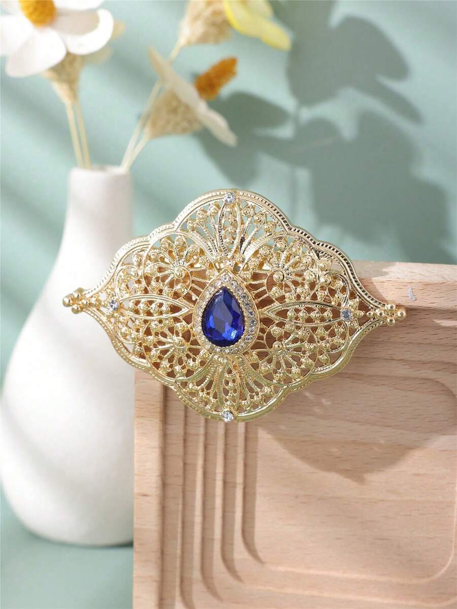 1pc Elegant Gold-Color Rhinestone Inlaid Brooch Pin, Delicate Hollow-Out Design, Vintage Style Brooch, Perfect For Moroccan Bride, Wedding, Party, Event
