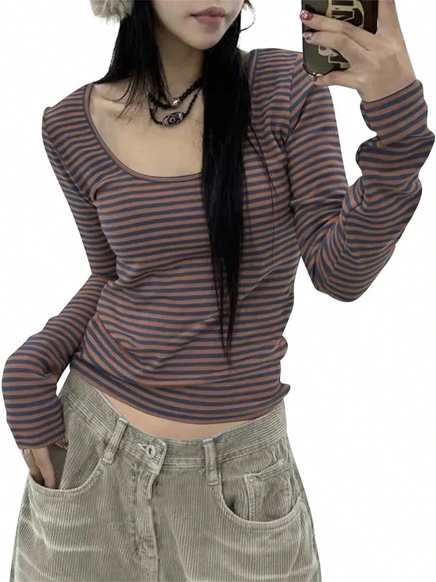 Women T-Shirt, Long Sleeve Scoop Neck Ladies Fall Casual Striped Tops Streetwear