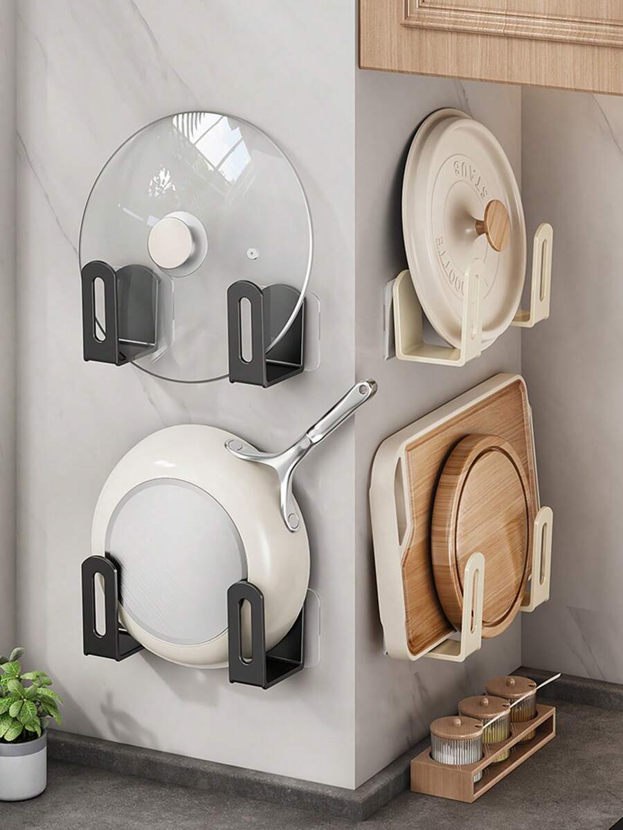 2 pièces Support de couvercle de pot en plastique, support mural pour couvercle de pot sans perçage requis, idéal pour ranger les couvercles de casserole, les planches à découper, les poêles, les fournitures de rangement de cuisine