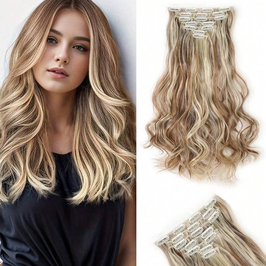 18-30inch Long Wavy Clip-In Hair Extensions, 7pcs/Set Thick Hair Pieces With Invisible Clips, Soft Synthetic Fiber, For Women