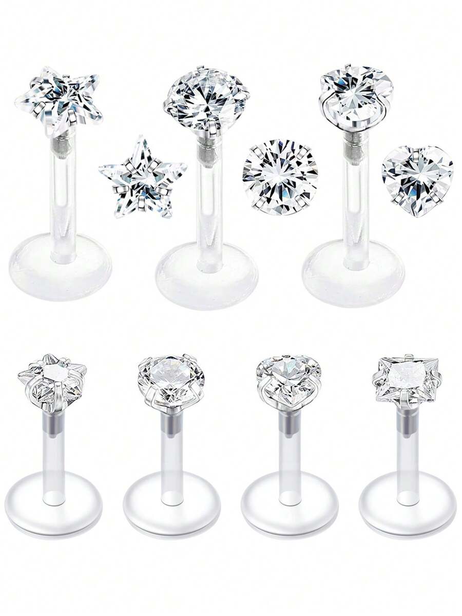 CIZME 1 Set mit 8 Stücken klassischer, durchsichtiger UV-Plastik-Barbell, 16G Lippenpiercing und Knorpelohrringe, rund, quadratisch, Herz, Pentagramm, Würfelform, transparente Lippenstifte und Ohrknorpelpiercing für Frauen und Männer, Alltagsgebrauch, 6mm, 8mm, 10mm Länge
