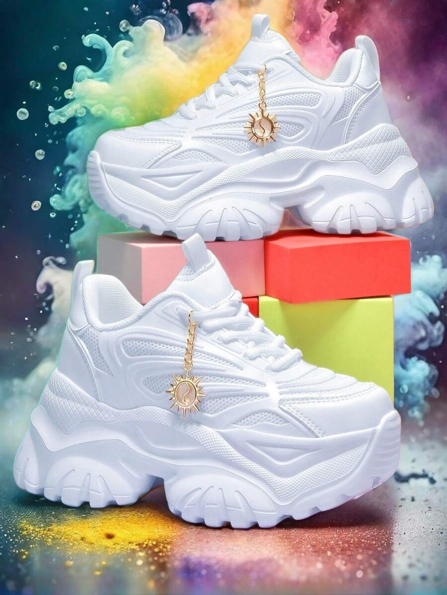 Women's Fashion Casual Sports Shoes With Sunflower Metal Decorative Charm, Outdoor All Season High Platform White High Heel Shoes, Lightweight Soft Bottom Shock Absorbing Running Sneakers, Summer Breathable Quick Dry Mesh Sandals, Round Toe Lace-Up White Shoes For College Students, Teenagers, Daily, Date, Workout, Office, Non-Slip Increased Height 7CM Platform Sports Shoes
