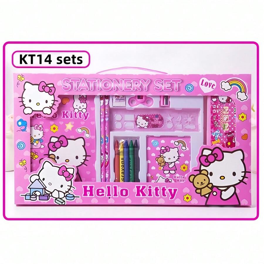 Sanrio 6pcs/8pcs/14pcs/1Set Hello Kittys Cartoon Ruler Pencil Sharpener Eraser Notebook Set Creative Drawing Office Supplies Kitty Cat Stationery Kit Gifts (Some Parts May Be Random)(The Package Design Is Random)