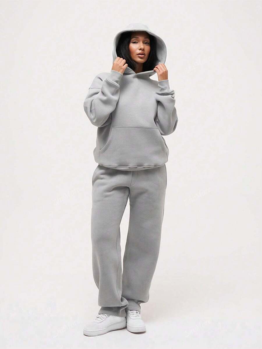 Conjunto Esportivo Casual Feminino de Outono e Inverno com Moletom de Manga Longa com Bolso, Parte Superior com Capuz, Calça Reta de Cintura Elástica com Bolso, Cor Sólida, Solto, Duas Peças