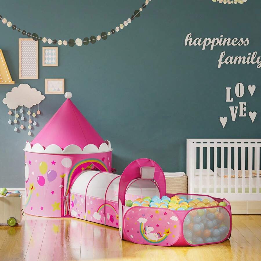 SONGMICS Parque Infantil Pop-up, 3 en 1, Tienda para Niños, Tema de Unicornio, Idea de Regalo, Fiesta de Cumpleaños, Rosa