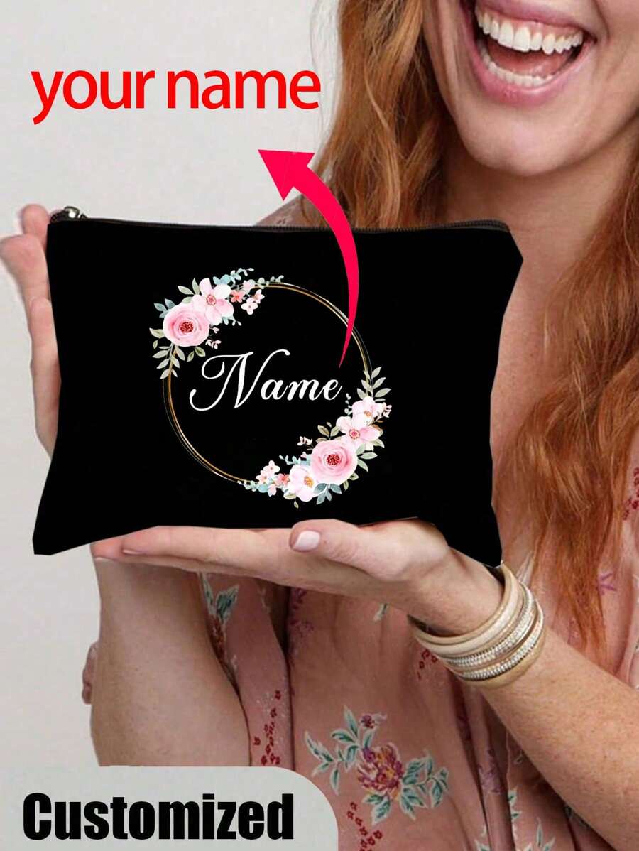 1pc Floral Wreath Personalized Bridesmaid Makeup Bag, Travel Toiletry Organizer Cosmetic Bag, Custom Gift Pouch Girls Trip Gift
