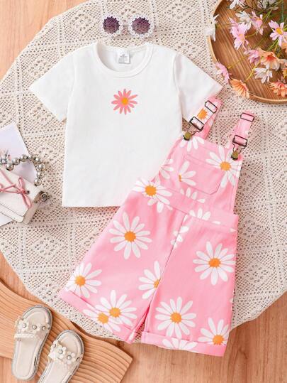 2pcs Young Girl Summer Set: Daisy Graphic Round Neck Short Sleeve Top + Fashion Pocket Suspender Trousers, Casual Soft Comfortable Versatile Sweet Style Outdoor Street Chic Elegant Outfit