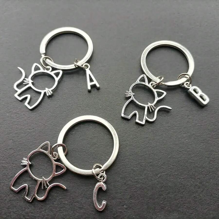 1pc 26 English Letters Metal Cartoon Cat Keychain, Creative Letter Keyring Accessory, Gift For Bag, Car, Couple, Unisex Car Accessories Bag Charm Backpack For School