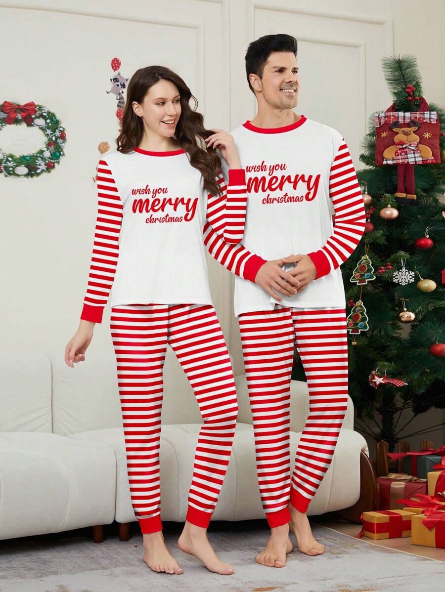 2pcs Christmas Letter Blessing Pattern Classic Red & White Striped Combination Print Round Neck Long Sleeve Drawstring Women Home Pajama Set