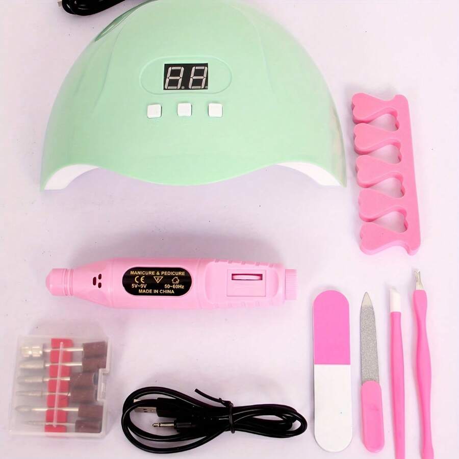 Complete Manicure Tool Kit: UV LED Lamp, Electric Nail Drill - USB Powered, Odorless Nail Care Set Includes Cuticle Remover, Nail File And Finger Separator