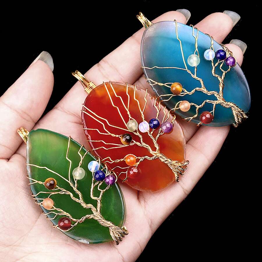 1pc Natural Agate Stone Life Of Tree Pendant Necklace Rough Wire Winding Pendant Sweater Chain Jewelry Women's For Necklace